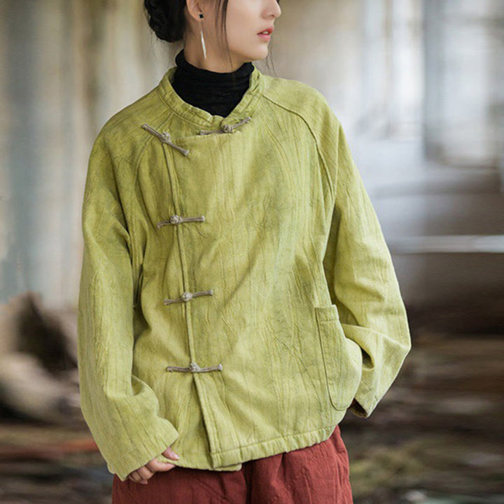 Buddha Stones Solid Color Frog-button Thermal Long Sleeve Ramie Linen Women's Shirt - GreenYellow - US4-12,UK/AU8-16,EU36-44 (F) - image 17