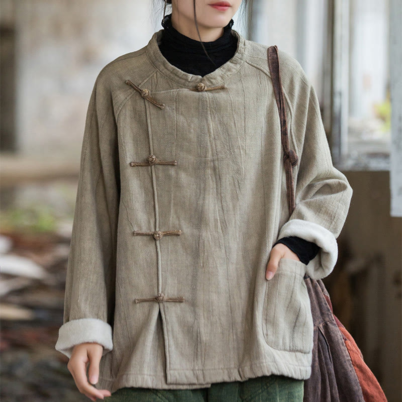 Buddha Stones Solid Color Frog-button Thermal Long Sleeve Ramie Linen Women's Shirt - Oat - US4-12,UK/AU8-16,EU36-44 (F) - image 0