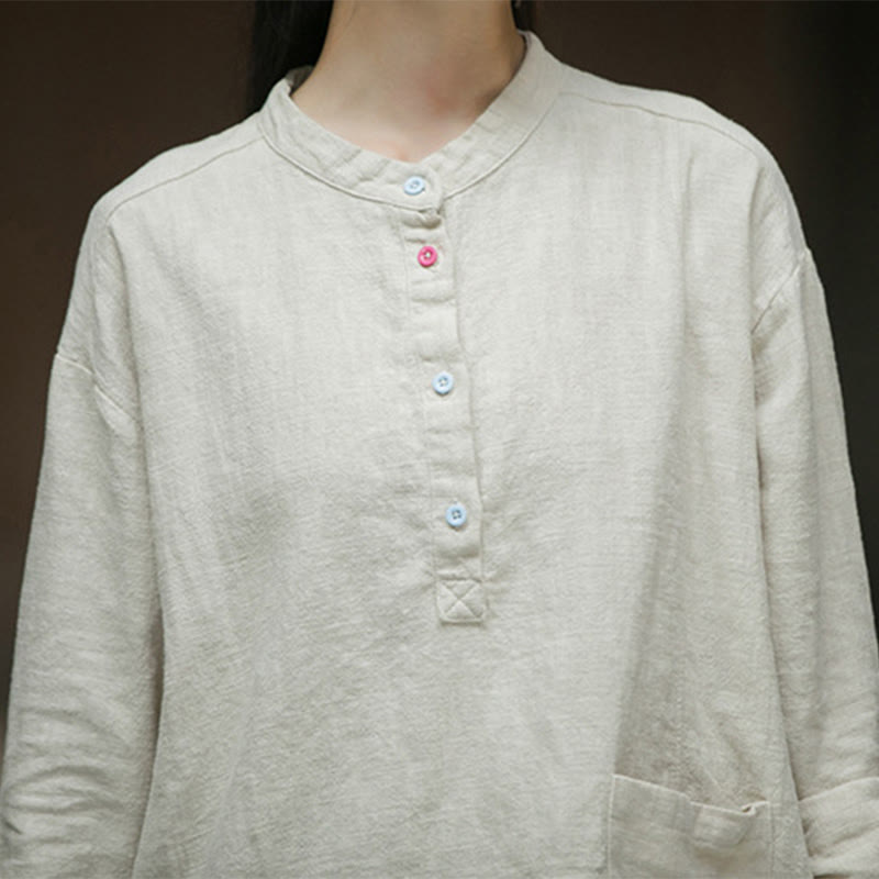 Buddha Stones Solid Color Long Sleeve Ramie Linen Half Button Women's Shirt