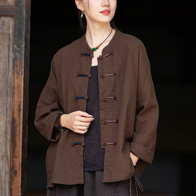 Buddha Stones Solid Color Two-color Frog-button Long Sleeve Ramie Linen Women's Shirt