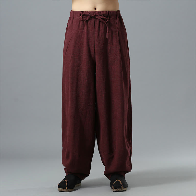 Buddha Stones Casual Solid Color Drawstring Cotton Linen Men's Pants With Pockets - DarkRed - US/UK/AU40,EU50 (2XL) - image 17
