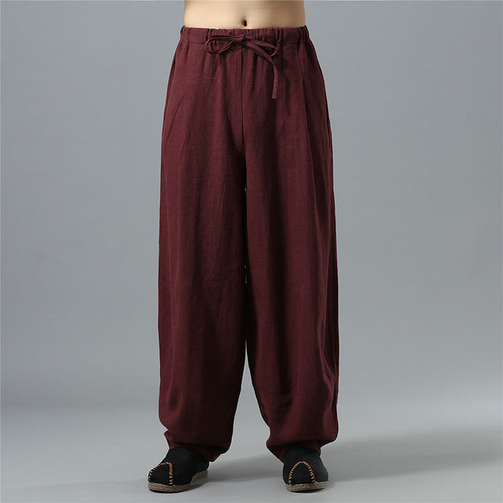 Buddha Stones Casual Solid Color Drawstring Cotton Linen Men's Pants With Pockets - DarkRed - US/UK/AU40,EU50 (2XL) - image 17