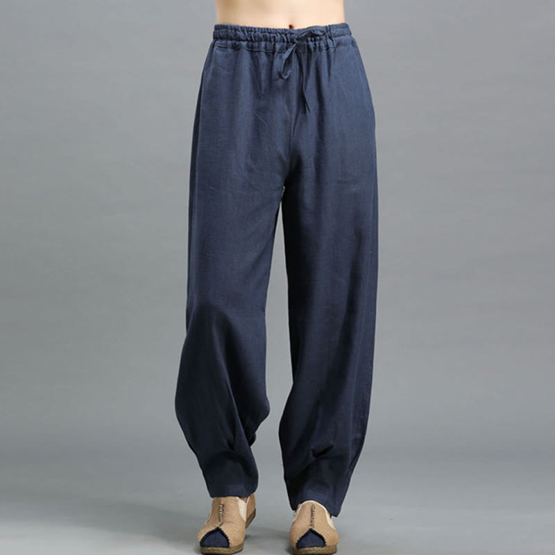 Buddha Stones Casual Plain Color Elastic Drawstring Ramie Linen Men's Pants With Pockets - DarkBlue - US/UK/AU38,EU48 (XL) - image 0