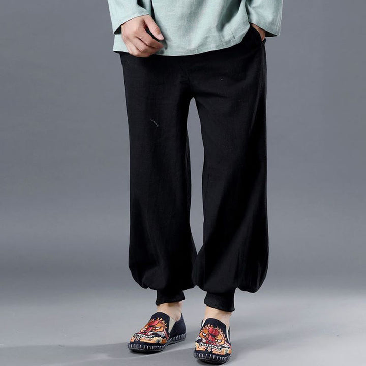 Buddha Stones Solid Color Front Zipper Ramie Linen Men's Pants With Pockets