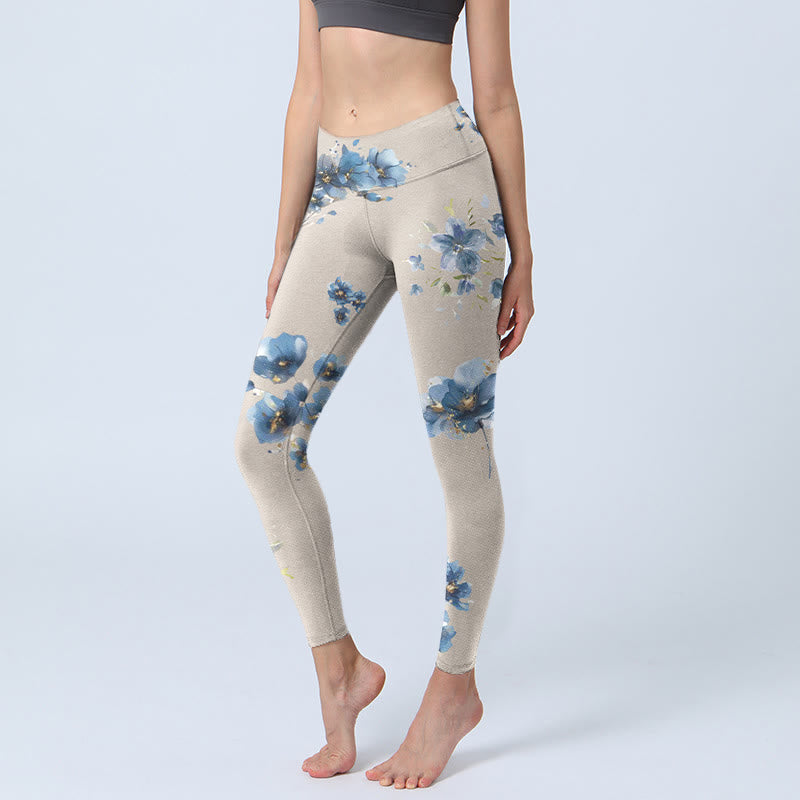 Buddha Stones Dark Blue Flower Gym Leggings Women's Yoga Pants - Wheat - US18,UK/AU22,EU50 (4XL) - image 1