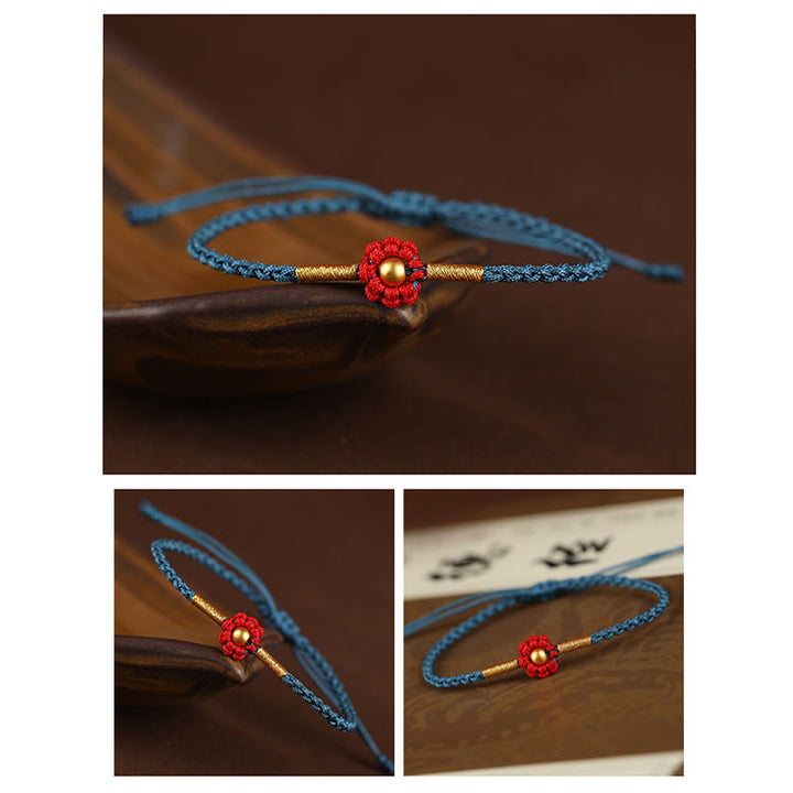 Buddha Stones 999 Gold Mini Bead Handmade Flower Design Luck ProtectionĀ Rope Bracelet