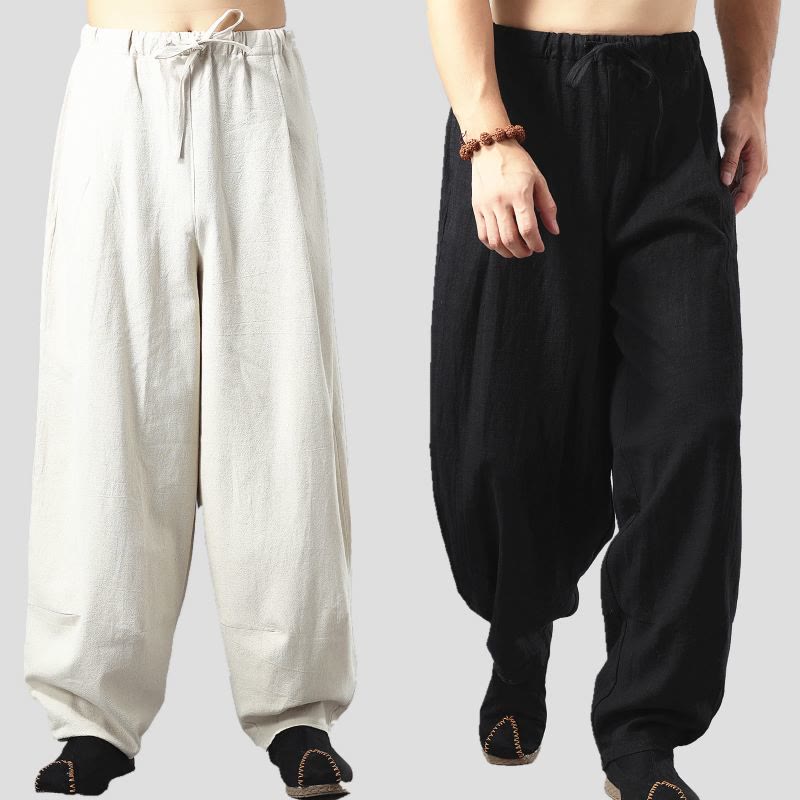 Buddha Stones Casual Solid Color Drawstring Cotton Linen Men's Pants With Pockets - image 0