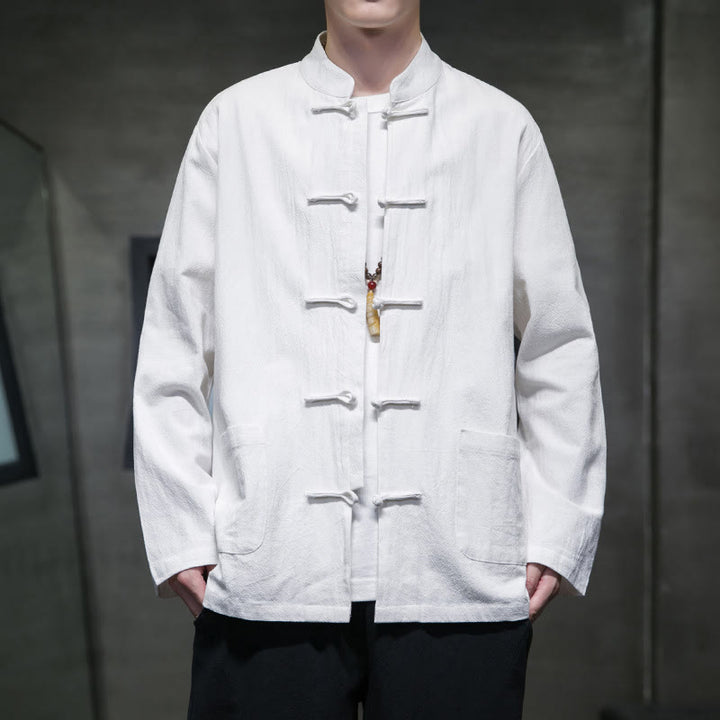 Buddha Stones Solid Color Frog-button Tang Suit Cotton Linen Men's Jacket Shirt With Pockets - White - US/UK/AU46,EU56 (5XL) - image 40