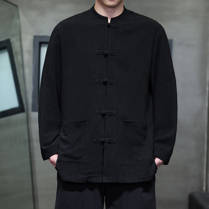 Buddha Stones Casual Plain Color Frog-button Linen Men's Jacket Shirt With Pockets - Black - US/UK/AU46,EU56 (5XL) - image 8