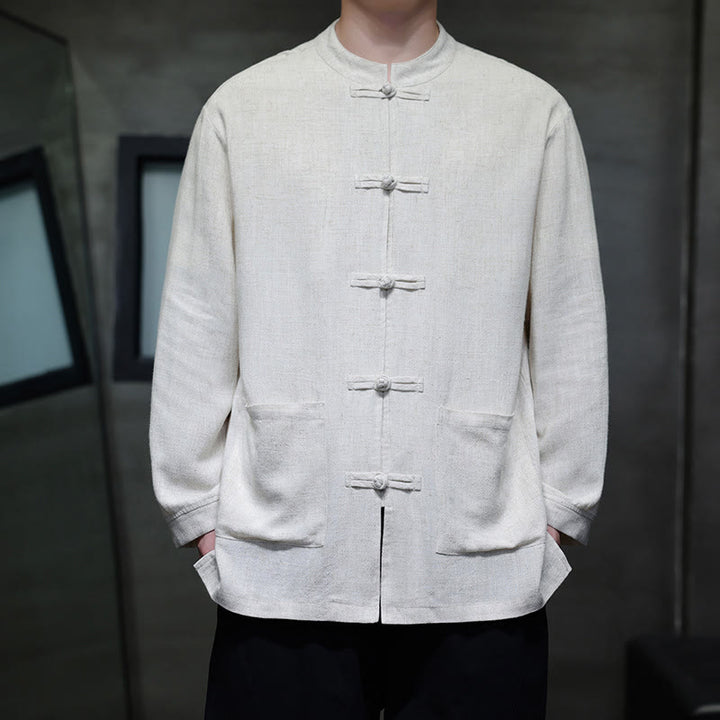Buddha Stones Casual Plain Color Frog-button Linen Men's Jacket Shirt With Pockets - White - US/UK/AU46,EU56 (5XL) - image 14