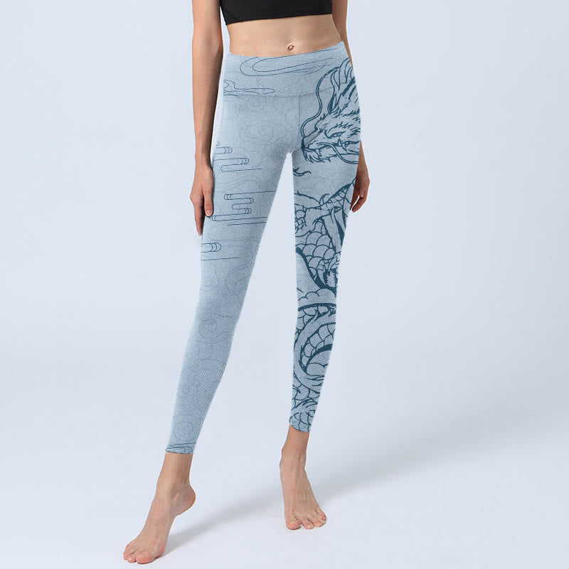 Buddha Stones Blue Soaring Dragon Swirling Clouds Print Gym Leggings Women's Yoga Pants - image 6