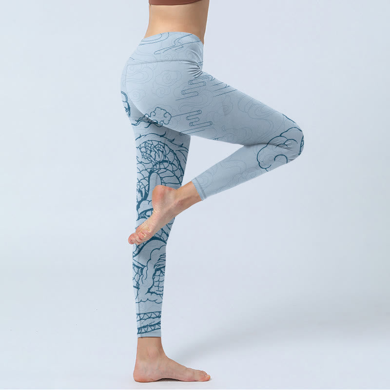 Buddha Stones Blue Soaring Dragon Swirling Clouds Print Gym Leggings Women's Yoga Pants - image 4