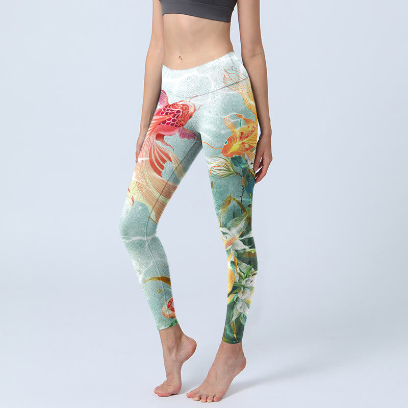 Buddha Stones Green Koi Fish White Lotus Water Ripples Print Gym Leggings Women's Yoga Pants - Honeydew - US18,UK/AU22,EU50 (4XL) - image 1