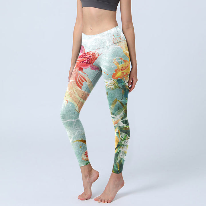 Buddha Stones Green Koi Fish White Lotus Water Ripples Print Gym Leggings Women's Yoga Pants - Honeydew - US18,UK/AU22,EU50 (4XL) - image 1