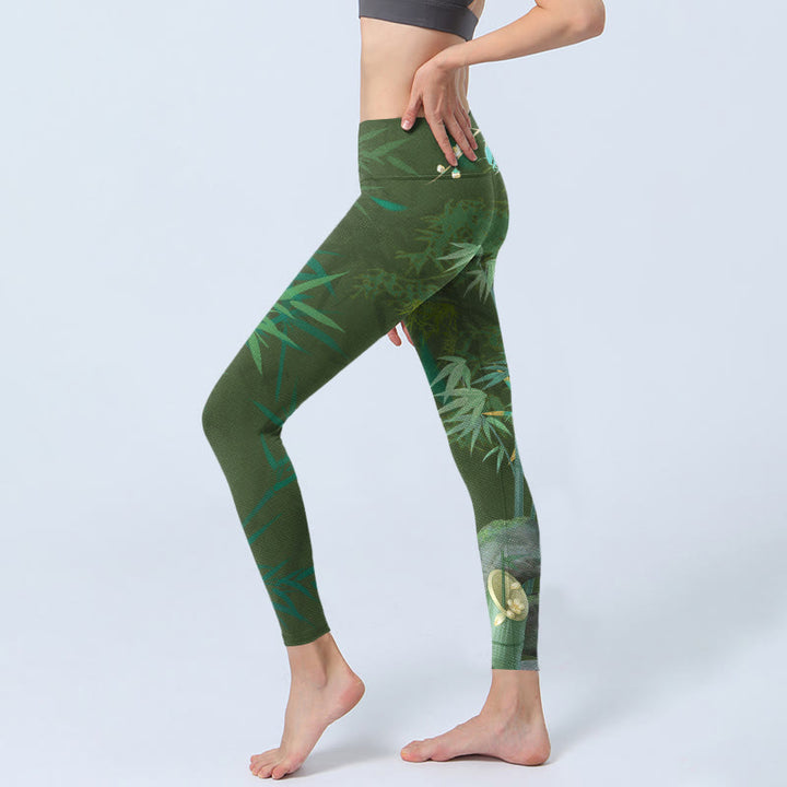 Buddha Stones Green Bamboo Rock Flower Print Gym Leggings Women's Yoga Pants - image 3