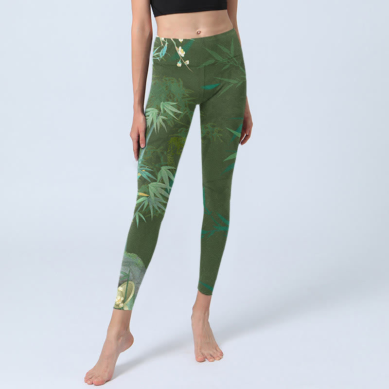 Buddha Stones Green Bamboo Rock Flower Print Gym Leggings Women's Yoga Pants - image 6