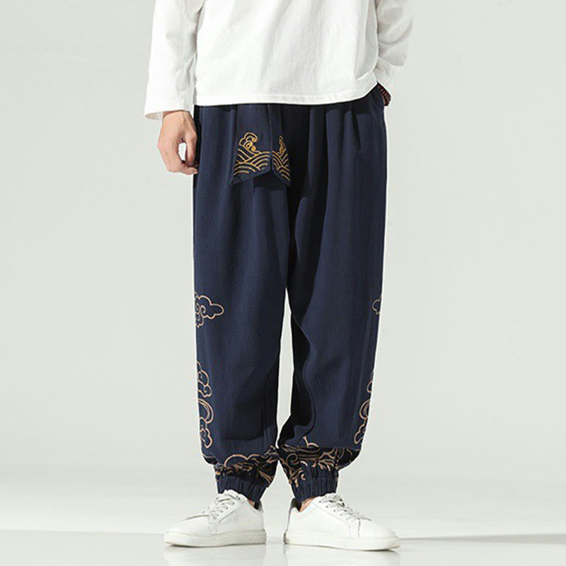 Buddha Stones Auspicious Clouds Cotton Linen Men's Drawstring Harem Pants With Pockets - MidnightBlue - US/UK/AU46,EU56 (5XL) - image 11