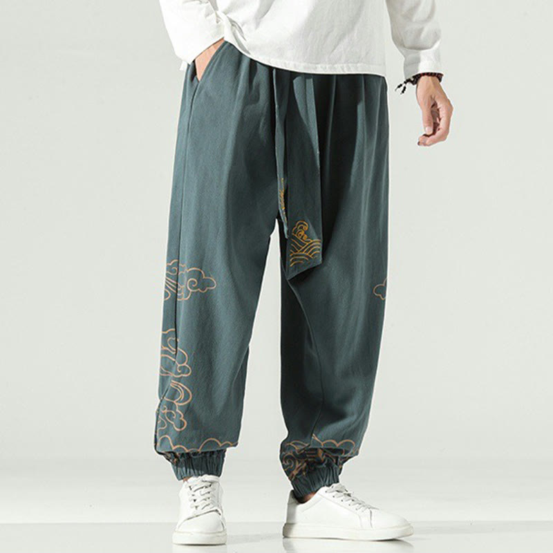 Buddha Stones Auspicious Clouds Cotton Linen Men's Drawstring Harem Pants With Pockets - DarkCyan - US/UK/AU46,EU56 (5XL) - image 22