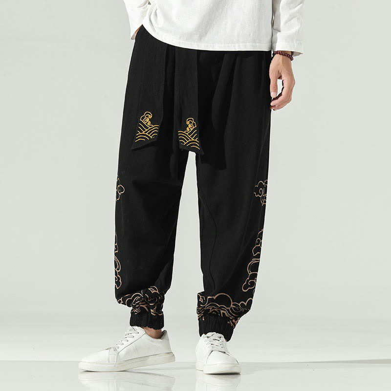 Buddha Stones Auspicious Clouds Cotton Linen Men's Drawstring Harem Pants With Pockets - Black - US/UK/AU46,EU56 (5XL) - image 0