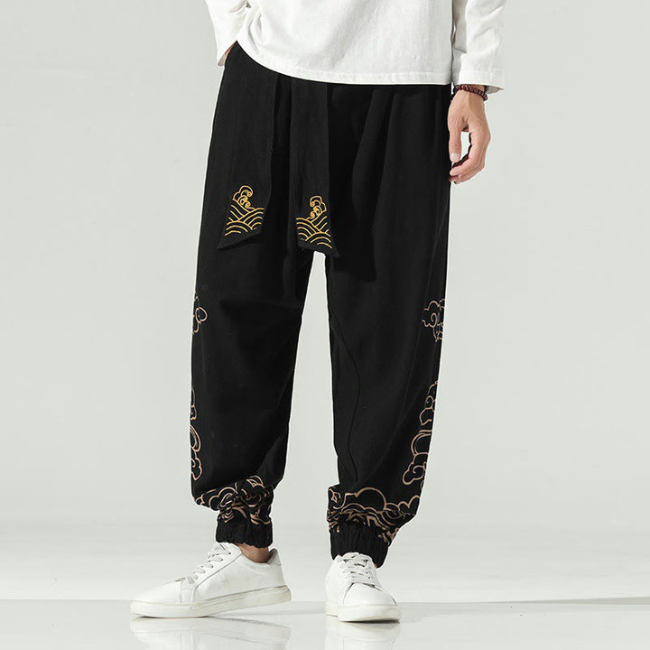 Buddha Stones Auspicious Clouds Cotton Linen Men's Drawstring Harem Pants With Pockets - Black - US/UK/AU46,EU56 (5XL) - image 0