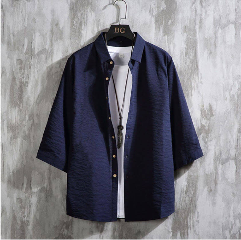 Buddha Stones Casual Solid Color Front Button Three Quarter Sleeves Men's Shirt - MidnightBlue - US/UK/AU50,EU60 (7XL) - image 16