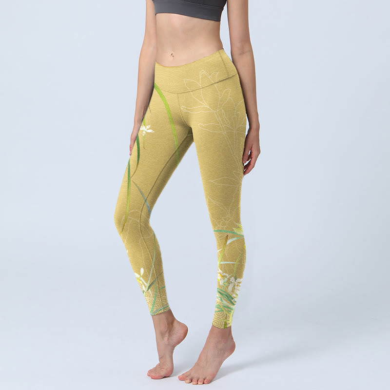 Buddha Stones Yellow Orchid Flowers Weeping Leaves Print Gym Leggings Women's Yoga Pants - Khaki - US18,UK/AU22,EU50 (4XL) - image 1