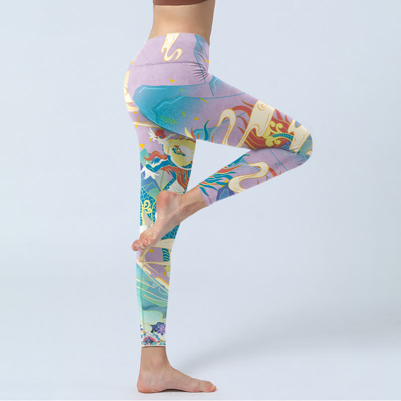 Buddha Stones Purple Dragon Auspicious Clouds Print Gym Leggings Women's Yoga Pants - image 4
