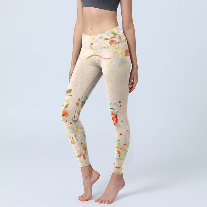 Buddha Stones Apricot Butterfly Peony Flowers Leaves Print Gym Leggings Women's Yoga Pants - FloralWhite - US18,UK/AU22,EU50 (4XL) - image 1