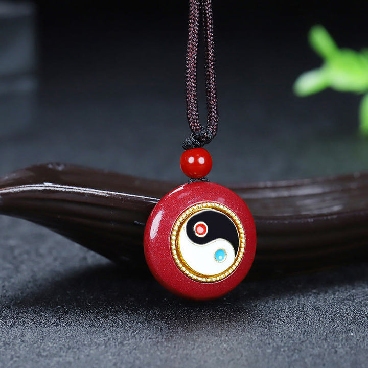Buddha Stones Natural Cinnabar Yin Yang Design Braided String Blessing Necklace Pendant - Cinnabar Yin Yang - image 1