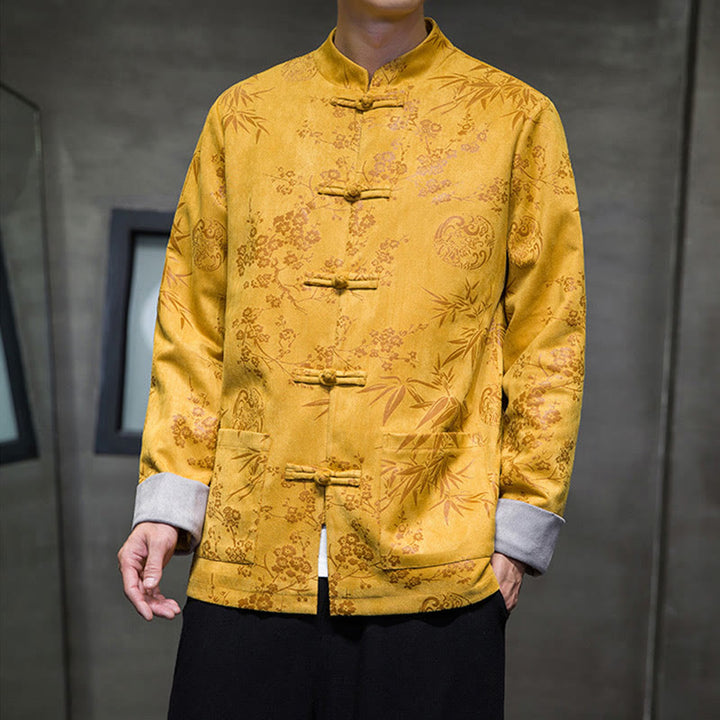 Buddha Stones Chinese New Year Clothes Flowers Bamboo Solid Color Cuff Frog-button Tang Suit Cotton Men's Jacket Shirt With Pockets - Gold - US/UK/AU46,EU56 (5XL) - image 0
