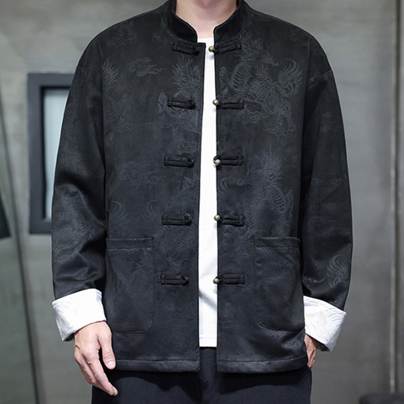 Buddha Stones Chinese New Year Kirin Print Frog-button Tang Suit Men's Jacket Shirt With Pockets - Black - US/UK/AU46,EU56 (5XL) - image 13