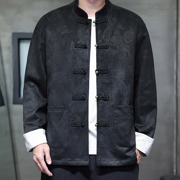 Buddha Stones Chinese New Year Kirin Print Frog-button Tang Suit Men's Jacket Shirt With Pockets - Black - US/UK/AU46,EU56 (5XL) - image 13