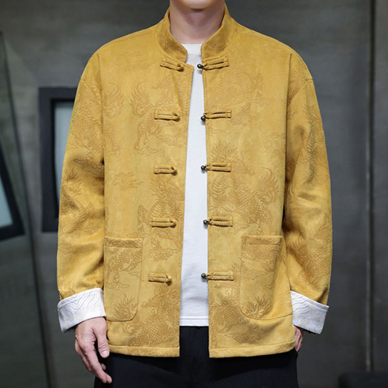 Buddha Stones Chinese New Year Kirin Print Frog-button Tang Suit Men's Jacket Shirt With Pockets - Yellow - US/UK/AU46,EU56 (5XL) - image 1