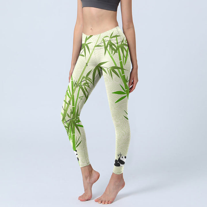 Buddha Stones Lush Bamboo Panda Auspicious Cloud Waves Print Gym Leggings Women's Yoga Pants - PaleGreen - US18,UK/AU22,EU50 (4XL) - image 1