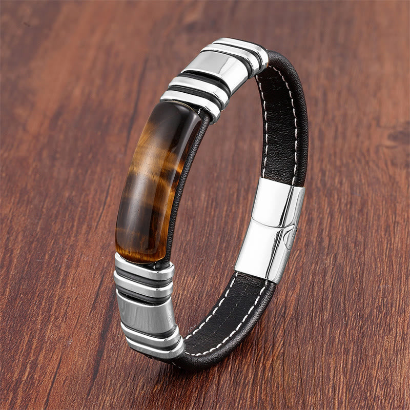 Buddha Stones Tiger Eye Stone Clear Thinking Leather Buckle Bracelet - Tiger Eye-Silver - 18-22cm - image 2