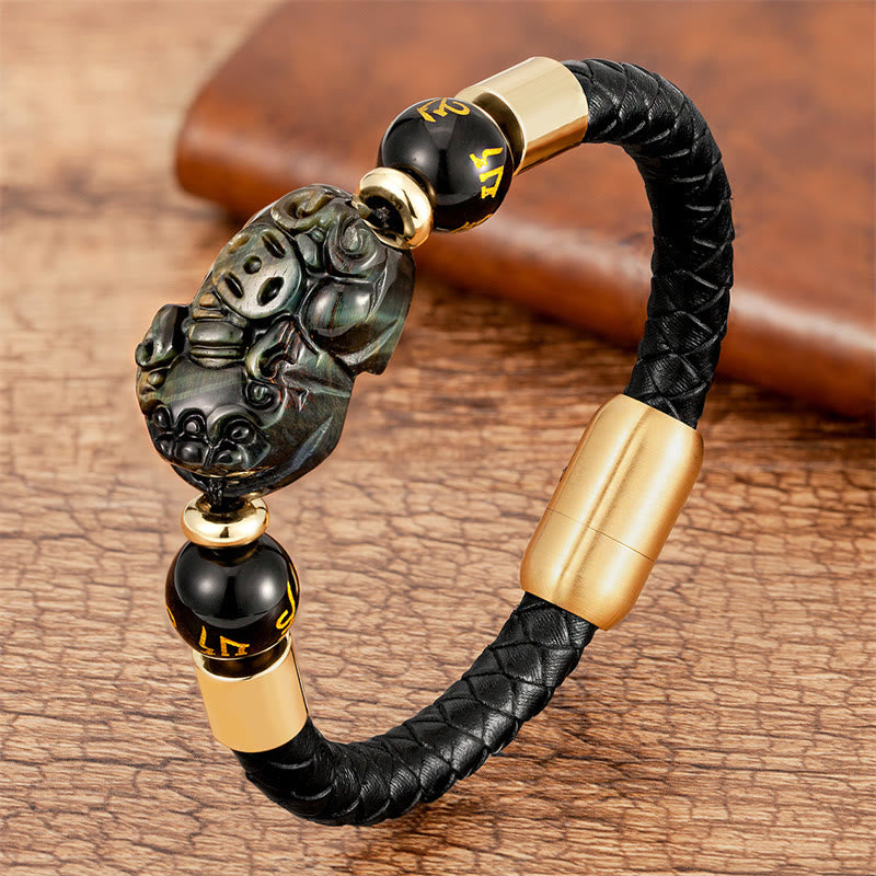 Buddha Stones Tiger Eye Black Onyx Red Agate PiXiu Copper Coin Om Mani Padme Hum Strength Leather Bracelet - Agate - 18-22cm - image 9