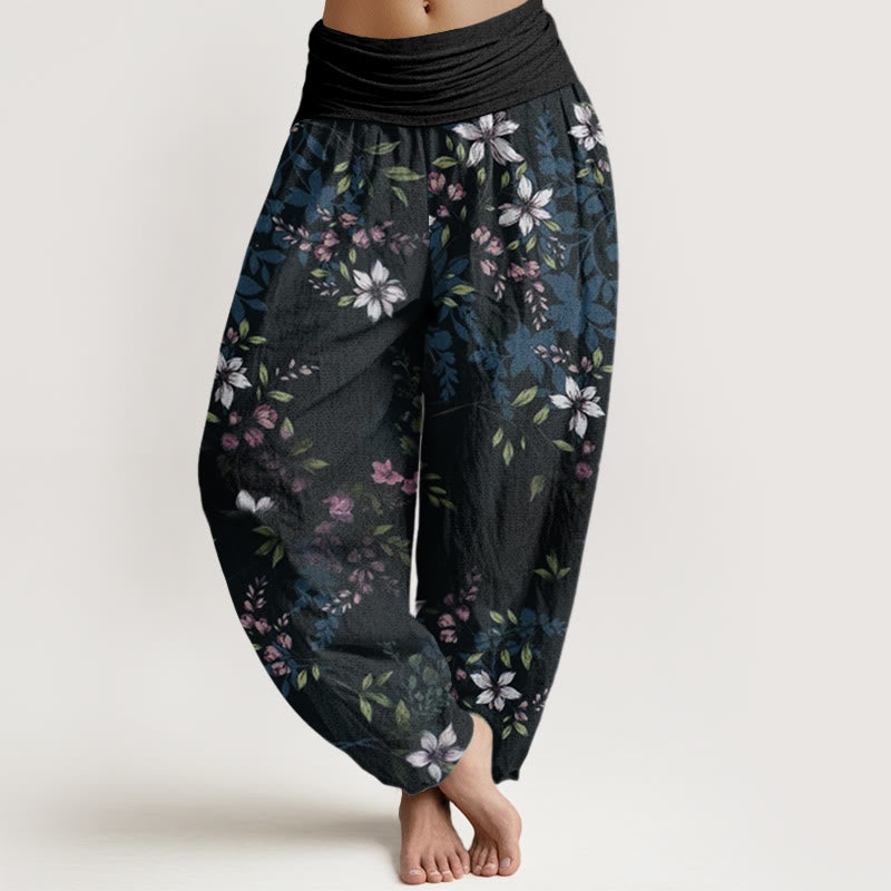 Buddha Stones Small White Blossoms Green Leaves Women's Elastic Waist Harem Pants - Black - US22,UK/AU26,EU54 (6XL) - image 1