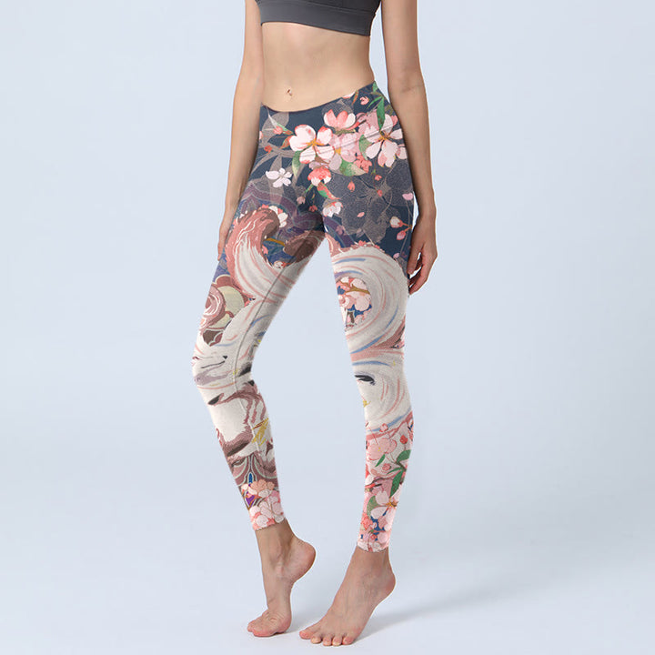 Buddha Stones Fox Cherry Blossoms Gym Leggings Women's Yoga Pants - MidnightBlue - US18,UK/AU22,EU50 (4XL) - image 1