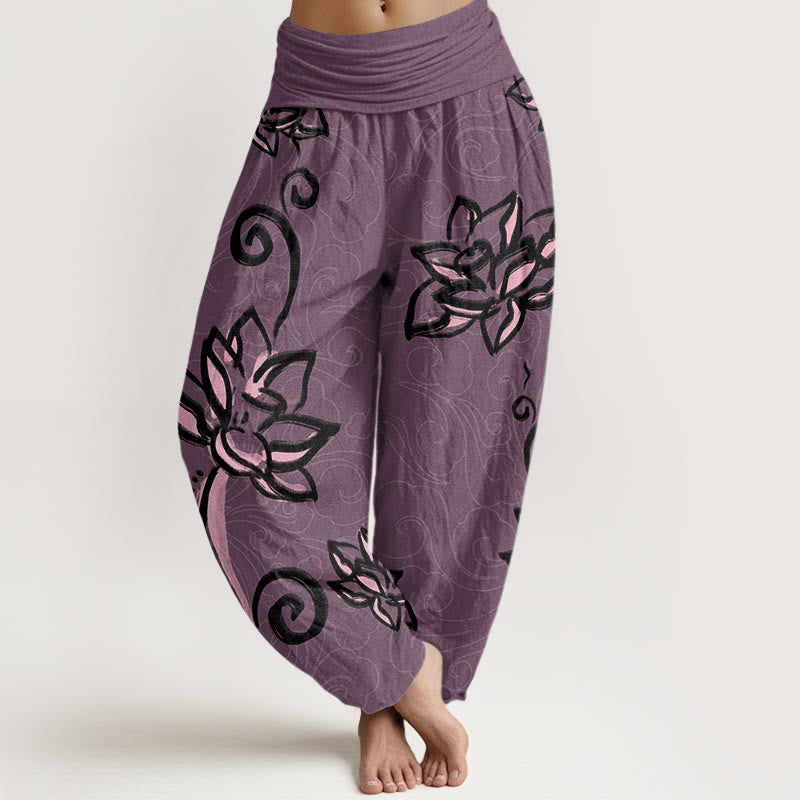 Buddha Stones Casual Lotus Auspicious Clouds Design Women's Elastic Waist Harem Pants - DarkMagenta - US22,UK/AU26,EU54 (6XL) - image 8