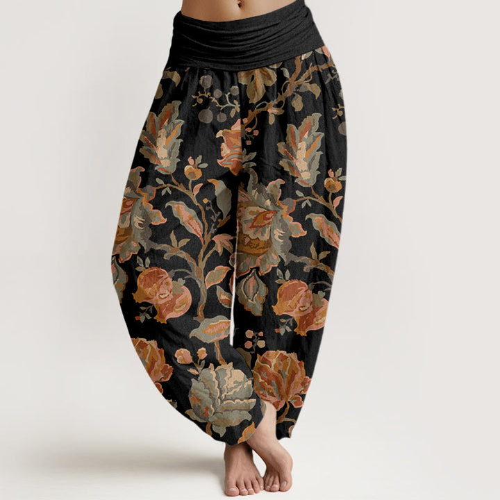 Buddha Stones Casual Blooming Flowers Buds Design Women's Elastic Waist Harem Pants - Black - US22,UK/AU26,EU54 (6XL) - image 1