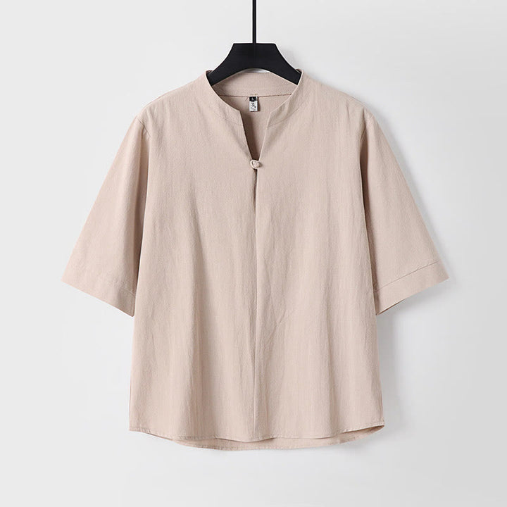 Buddha Stones Plain Color Three Quarter Sleeve One Button Cotton Linen Men's Shirt - Wheat - US/UK/AU54,EU64 (9XL) - image 3