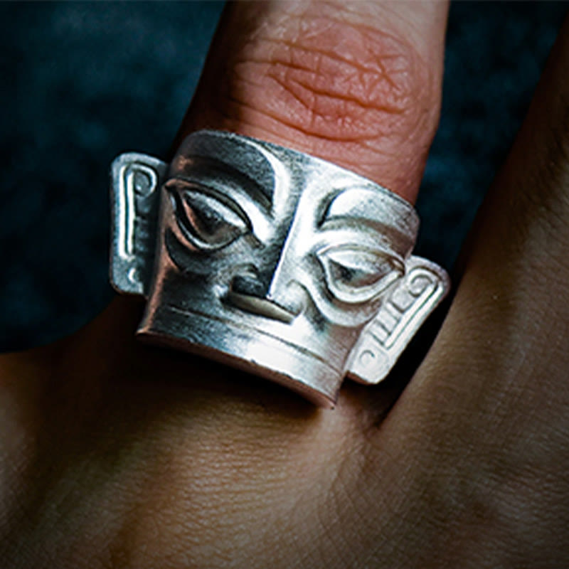 Buddha Stones 999 Sterling Silver Hand Casting Sanxingdui Mask Protection Ring - image 12