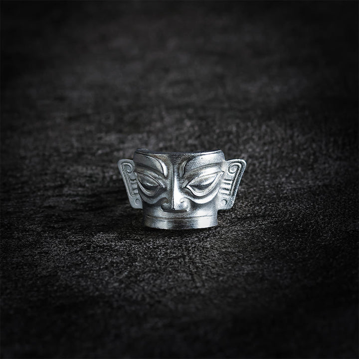 Buddha Stones 999 Sterling Silver Hand Casting Sanxingdui Mask Protection Ring - image 9
