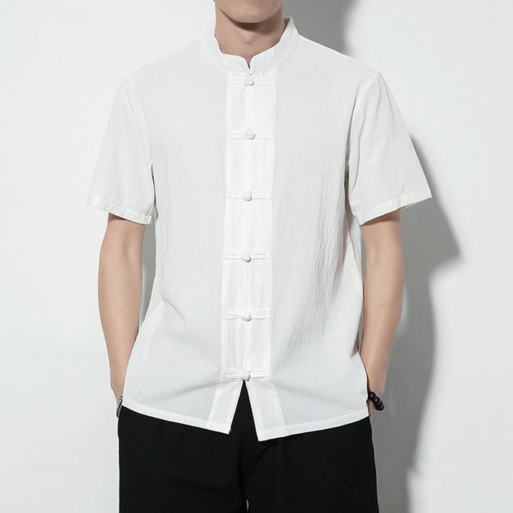 Buddha Stones Casual Solid Color Front Frog Buttons Chinese Tang Suit Short Sleeve Linen Men's Shirt - White - US/UK/AU46,EU56 (5XL) - image 9