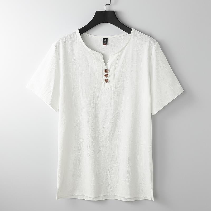 Buddha Stones Solid Color V-neck Three Top Buttons Short Sleeve Cotton linen Men's Shirt - White - US/UK/AU44,EU54 (5XL) - image 2