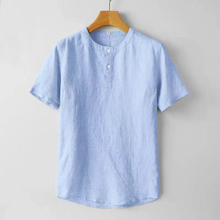 Buddha Stones Solid Color Short Sleeve Two Top Buttons Cotton Linen Men's Shirt - LightSkyBlue - US/UK/AU44,EU54 (4XL) - image 7