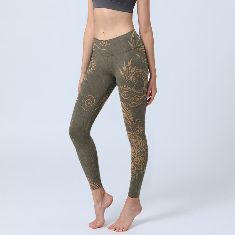Buddha Stones Peacock Feather Print Gym Leggings Women's Yoga Pants - DarkOliveGreen - US18,UK/AU22,EU50 (4XL) - image 1