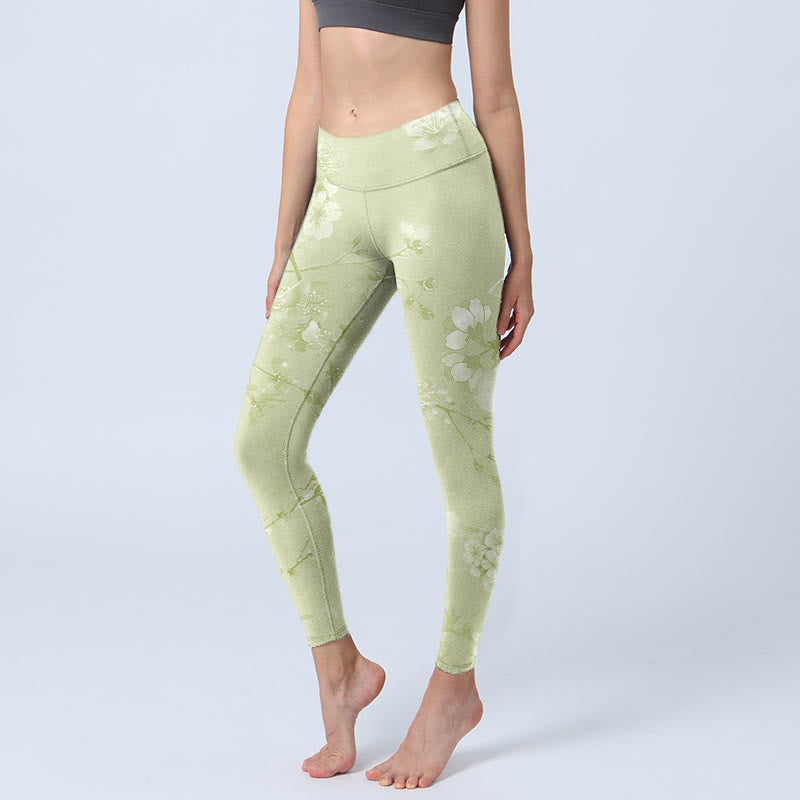 Buddha Stones White Plum Blossoms Print Gym Leggings Women's Yoga Pants - PaleGoldenrod - US18,UK/AU22,EU50 (4XL) - image 1