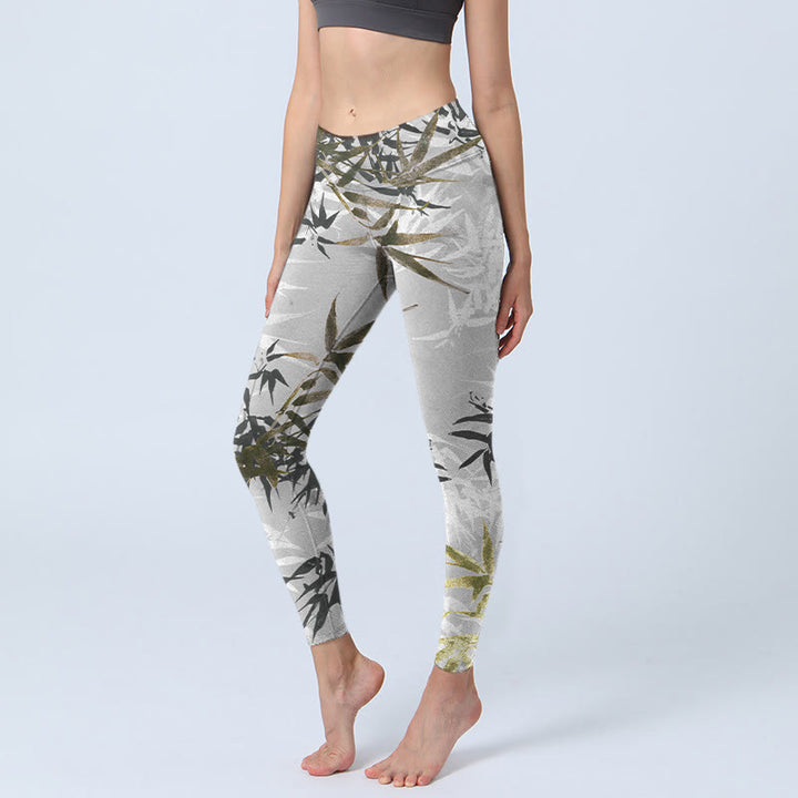 Buddha Stones Dark Gray Bamboo Leaves Print Gym Leggings Women's Yoga Pants - DarkGray - US18,UK/AU22,EU50 (4XL) - image 1