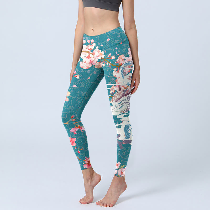 Buddha Stones Dragon Cherry Blossoms Print Gym Leggings Women's Yoga Pants - CadetBlue - US18,UK/AU22,EU50 (4XL) - image 1